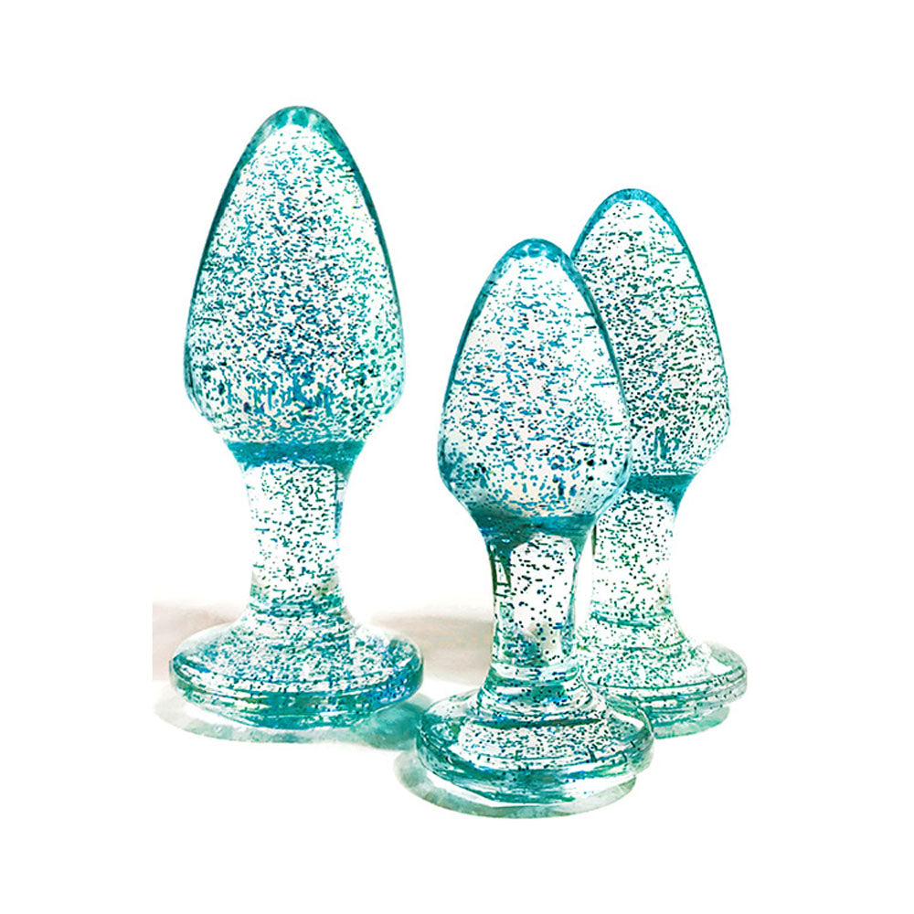 Adam & Eve Glitter Gem 3-Piece Butt Plug Set - Blue - Glitter Blue Butt Plugs - Set of 3 Sizes