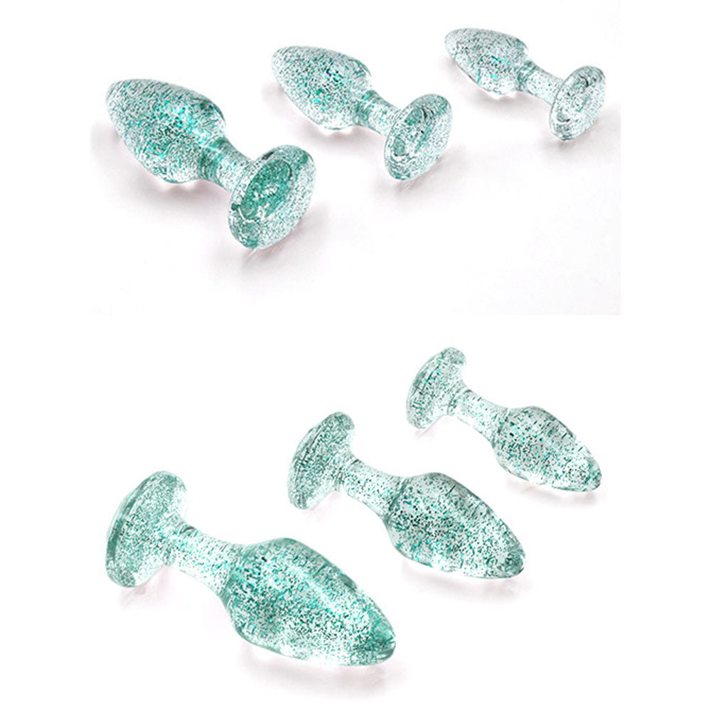 Adam & Eve Glitter Gem 3-Piece Butt Plug Set - Blue - Glitter Blue Butt Plugs - Set of 3 Sizes