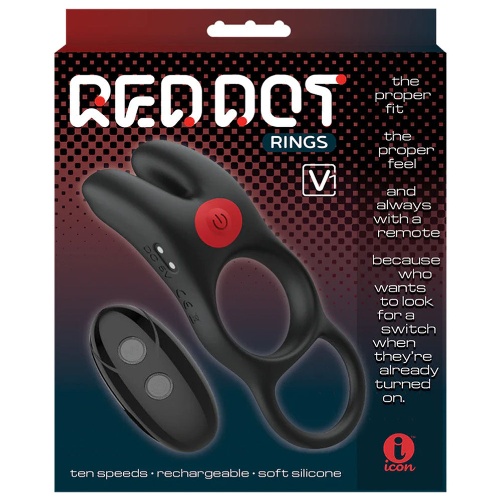 Red Dot Rings - V1 - Black USB Rechargeable Vibrating Cock Ring with Remote
