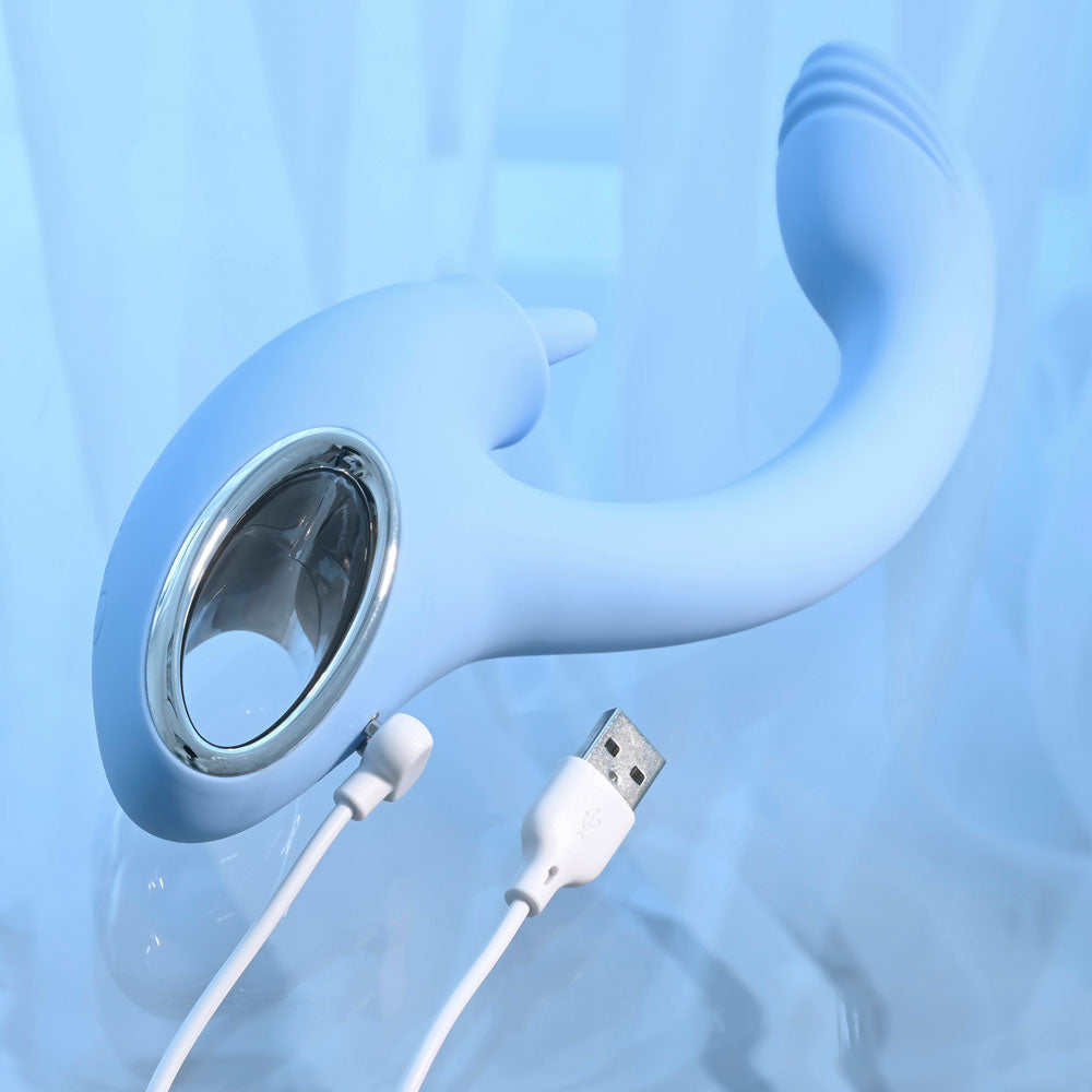 Playboy Pleasure SAPPHIRE SKY - Blue 21.6 cm USB Rechargeable Vibrator with Double Tongue Stimulator