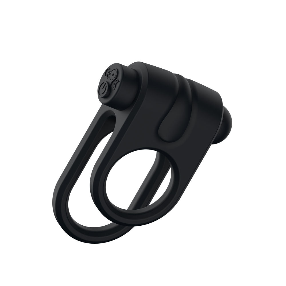 Passion Play Silicone Vibrating Dual Cockring - Black USB Rechargeable Cock & Balls Ring