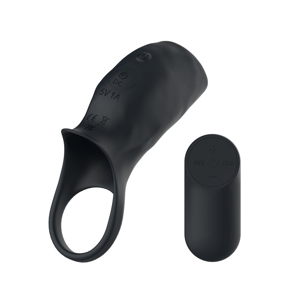 Passion Play Vibrating Cockring Sleeve - Black USB Rechargeable Vibrating Penis Sleeve with Wireless Remote