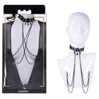 Sex & Mischief Lace Collar with Nipple Ties - Black Neck and Nipple Restraints