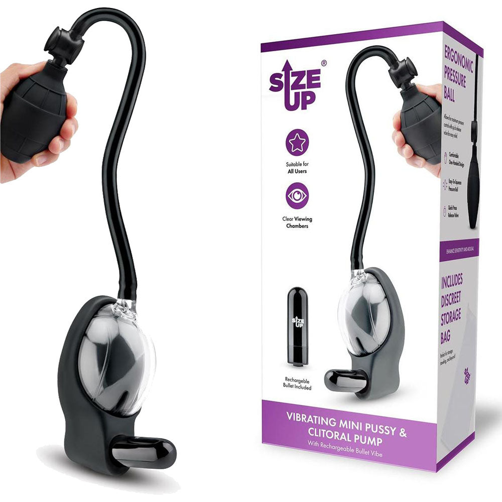 Size Up Vibrating Mini Pussy & Clitoral Pump - Clear USB Rechargeable Vibrating Vaginal and Clitoral Pump